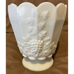 Westmoreland Milk Glass Pedestal Planter Paneled Grape Design Scalloped Rim 6.5”